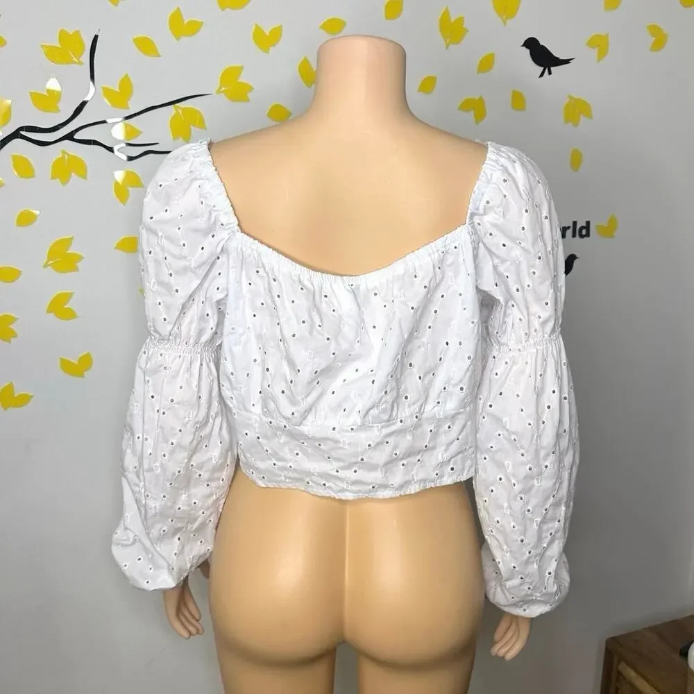 H&M Divided White Eyelet Tie Front Long Sleeve Balloon Top Size XL Blouse - Picture 4 of 10